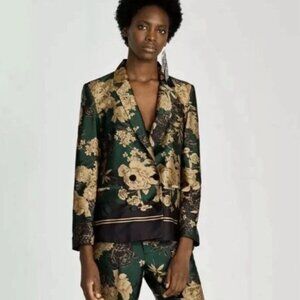 Zara Oriental Green Gold Blazer Jacket Faux Silk Small